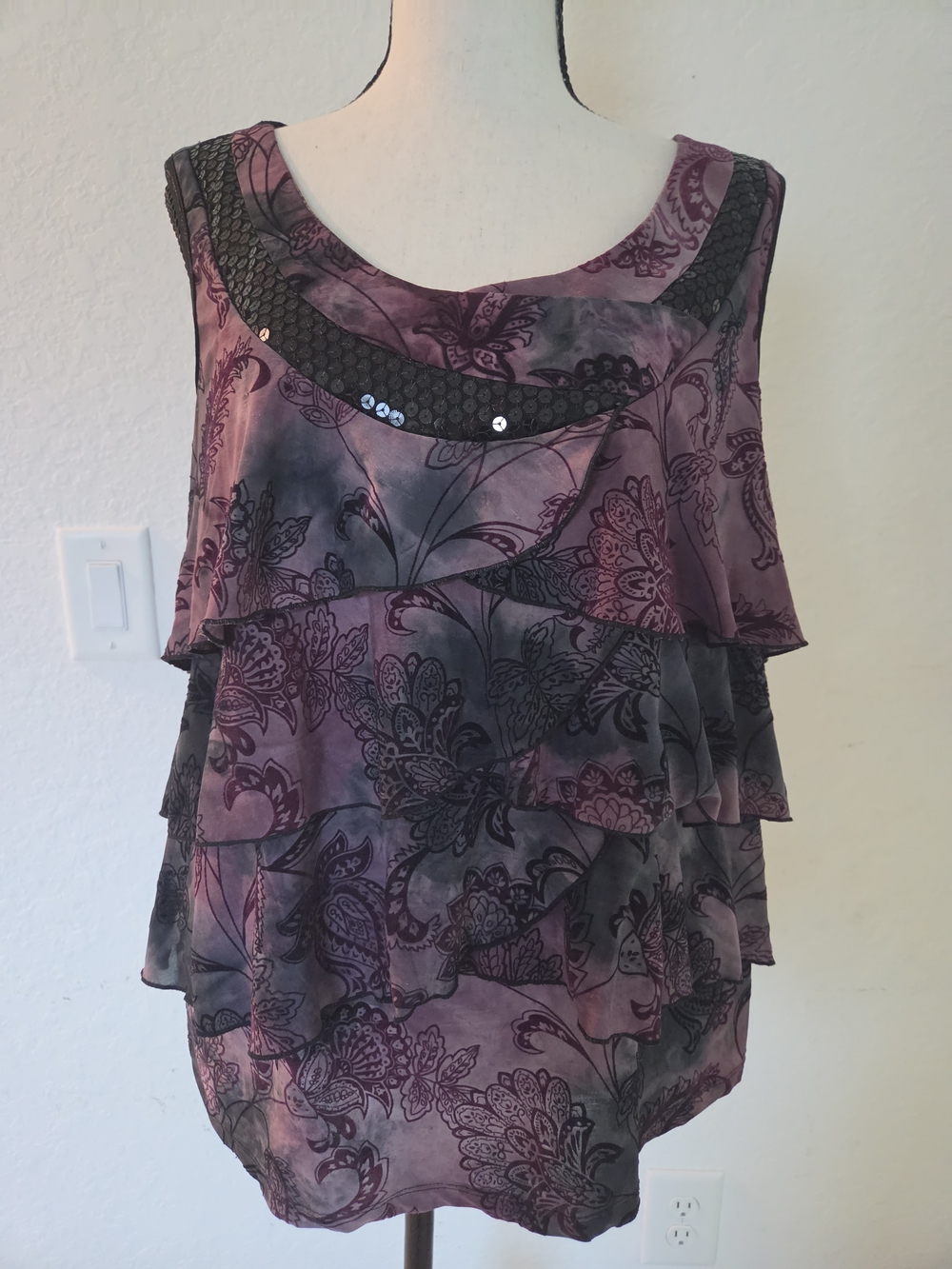 Plus 1X Dressbarn Whimsigoth Top Purple Black Paisley Mesh Tiered Sequin Fairy